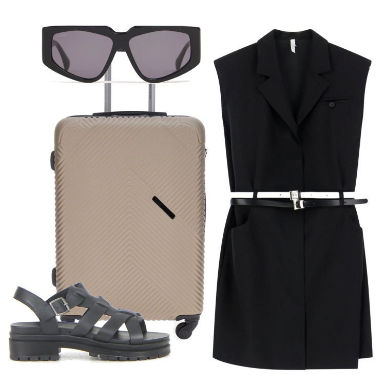 Outfit donna - In partenza. Stile Bon Ton per Tutti i giorni. Abbinamento con vestiti corti, valigie, sandali, occhiali da sole.