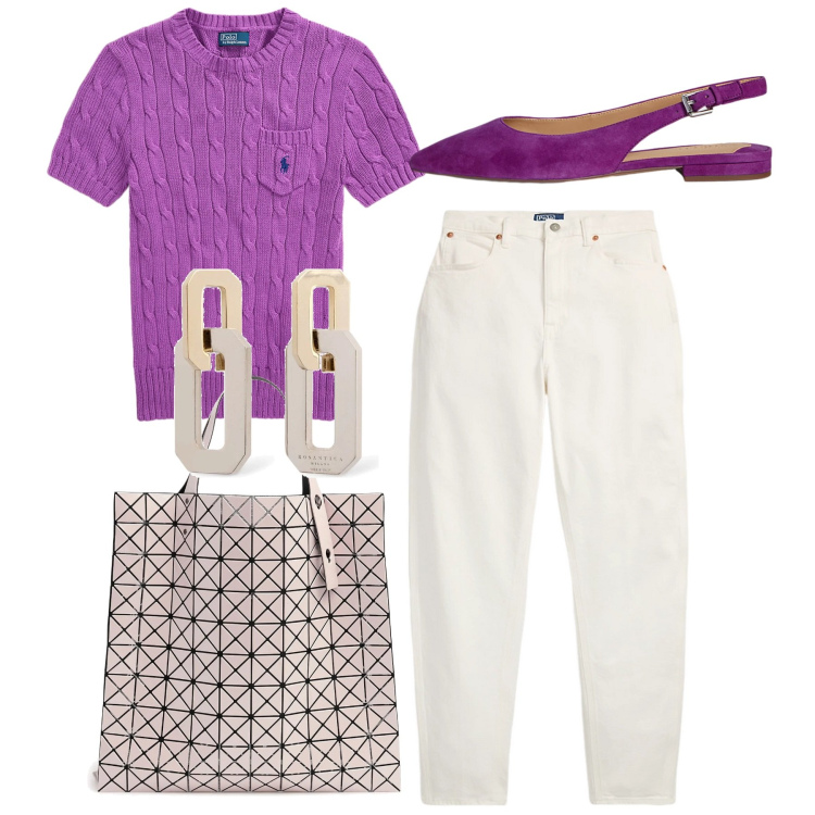 Outfit donna - Peonia. Stile Casual chic per Tutti i giorni. Abbinamento con jeans, ballerine, t-shirt, shopping bag, orecchini.