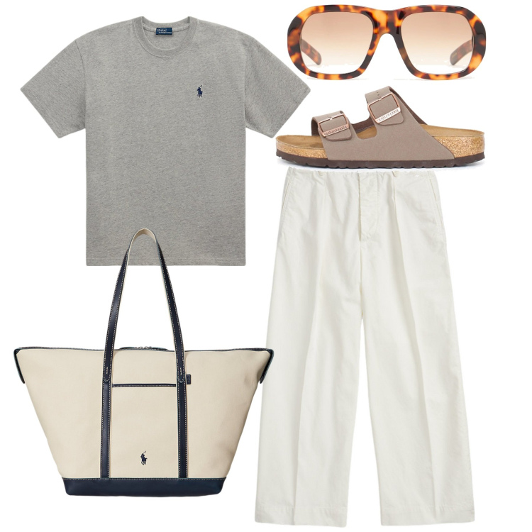 Outfit donna - Mannish casual. Stile Mannish per Tutti i giorni. Abbinamento con pantaloni, t-shirt, borse tote, occhiali da sole, ciabatte.