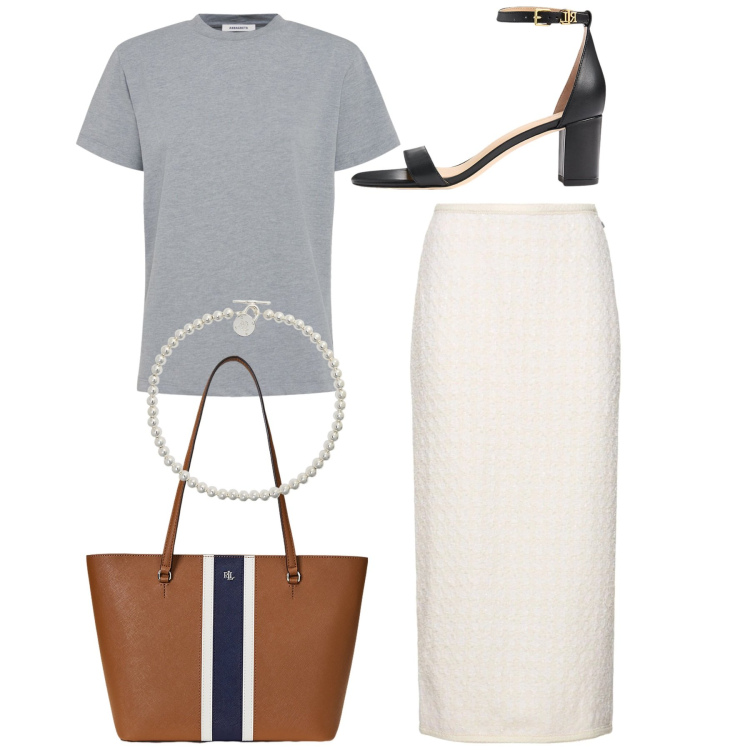 Outfit donna - Un filo di perle. Stile Minimal per Tutti i giorni. Abbinamento con sandali in pelle, collane, borse tote, gonne longuette, t-shirt.