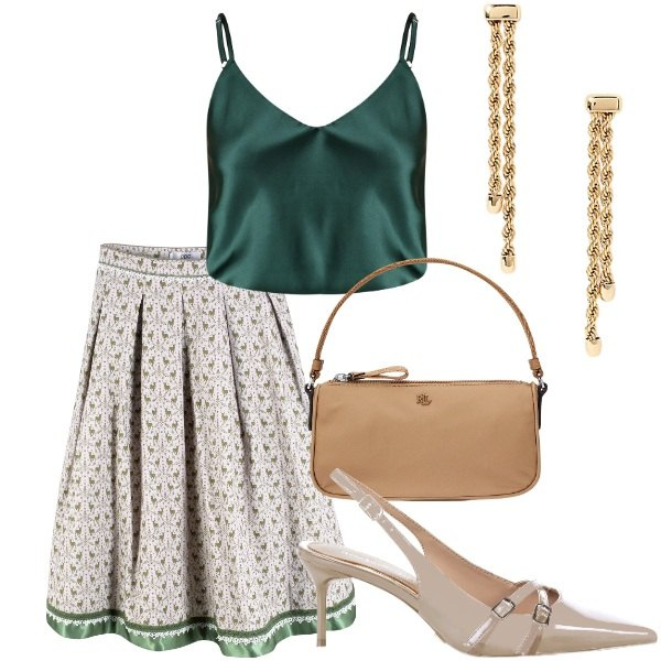 Outfit donna - A cena fuori. Stile Casual chic per Serata fuori. Abbinamento con gonne longuette, top, décolleté, pochette, orecchini.