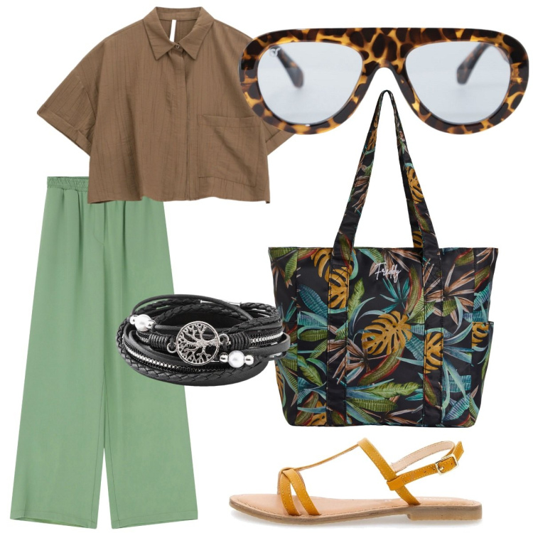 Outfit donna - Tempo Libero. Stile Casual chic per Mare. Abbinamento con braccialetti, pantaloni a palazzo, occhiali da sole, camicie a manica corta, shopping bag, sandali in pelle.