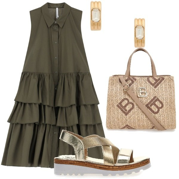 Outfit donna - Serate estive. Stile Casual per Serata fuori. Abbinamento con vestiti corti, orecchini, sandali, borse a tracolla.