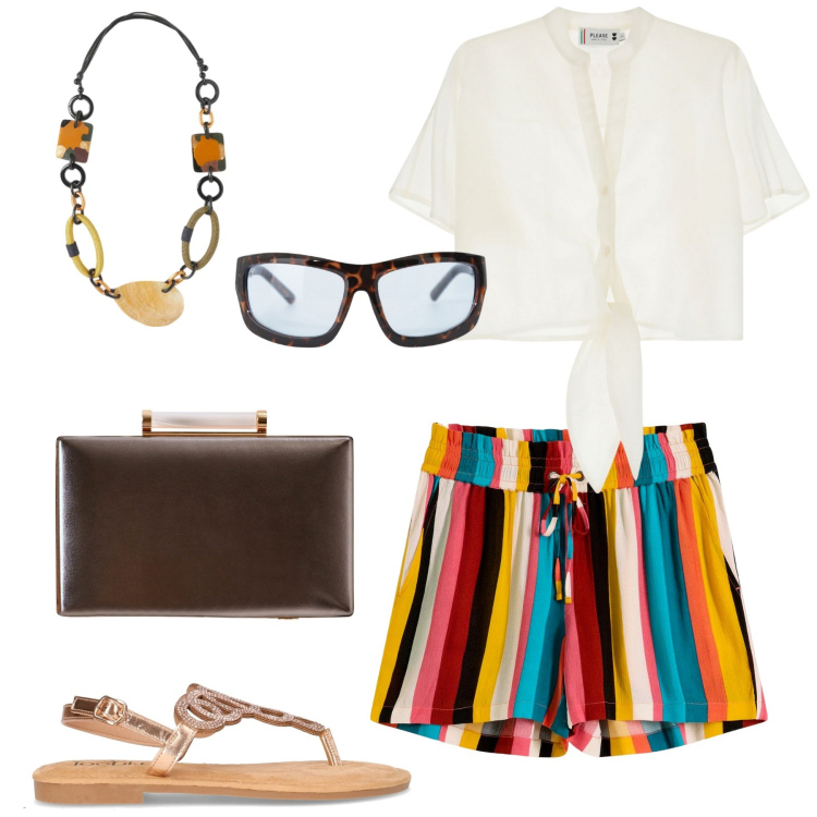 Outfit donna - Sandali estivi. Stile Casual chic per Tutti i giorni. Abbinamento con pantaloni corti, clutch, camicie a manica corta, occhiali da sole, sandali in pelle, collane.