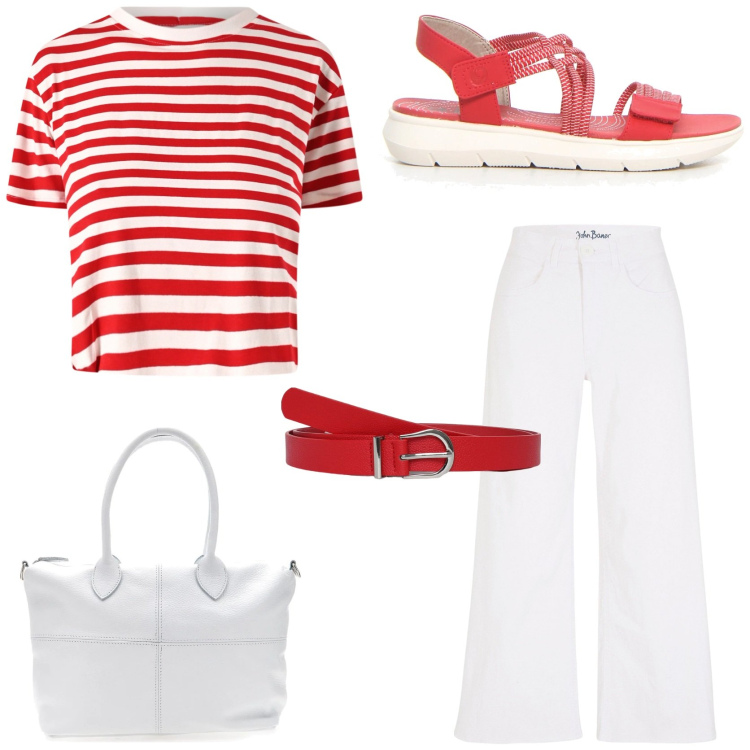 Outfit donna - Coastal chic style. Stile Casual chic per Tutti i giorni. Abbinamento con jeans, cinture, t-shirt, borse a mano, sandali.