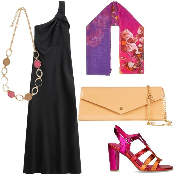 Outfit donna - Compleanno a sopresa. Stile Glamour per Serata fuori. Abbinamento con pochette, vestiti lunghi, collane, sandali col tacco, foulard.