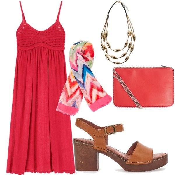 Outfit donna - Serata tra amici. Stile Casual per Tutti i giorni. Abbinamento con borse a tracolla, vestiti, zoccoli, foulard, collane.