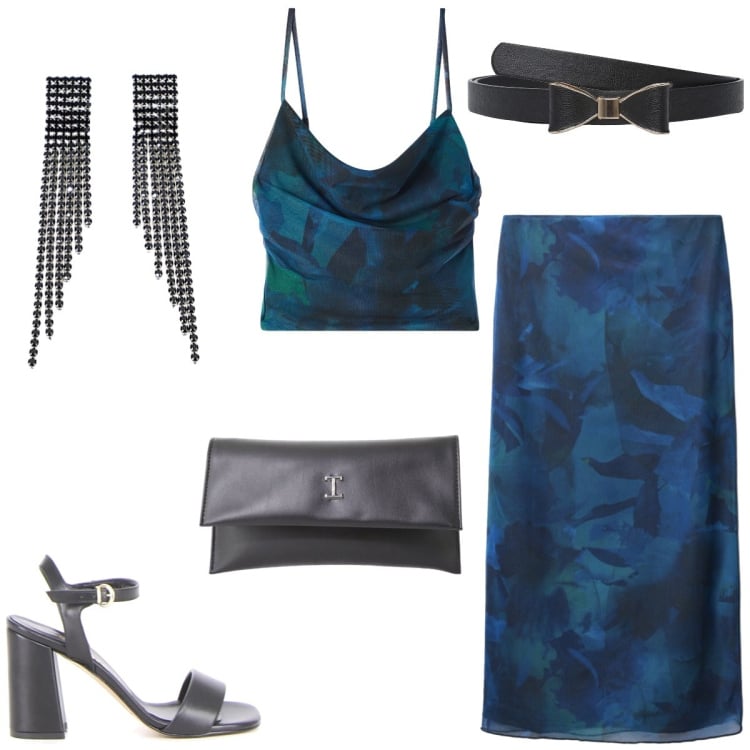 Outfit donna - Total look #2222279. Stile Chic per Serata fuori. Abbinamento con gonne lunghe, canottiere, cinture, pochette, orecchini, sandali col tacco.