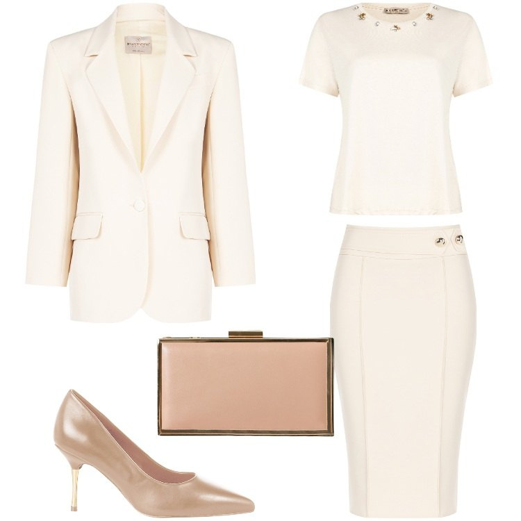 Outfit donna - Total look #2222285. Stile Chic per Cerimonia. Abbinamento con décolleté, pochette, t-shirt, gonne, blazer.