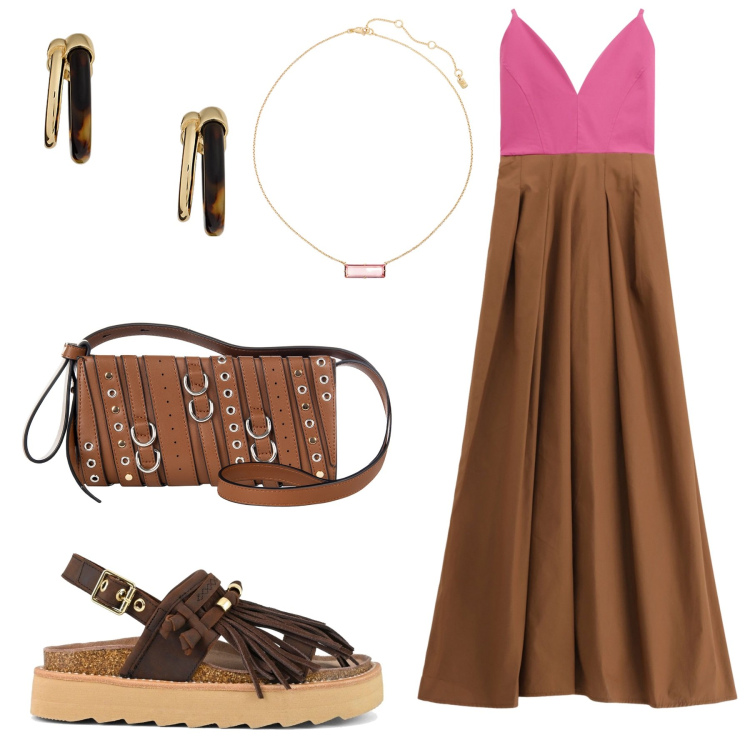 Outfit donna - L\'estate ai tuoi piedi. Stile Casual chic per Serata fuori. Abbinamento con borse a spalla, vestiti lunghi, orecchini, collane, sandali.
