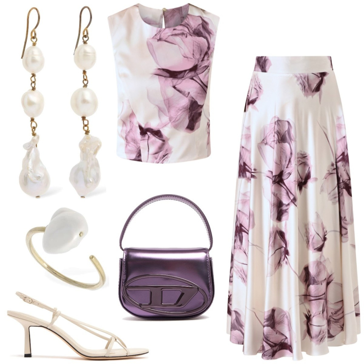 Outfit donna - Cerimonia. Stile Chic per Cerimonia. Abbinamento con gonne lunghe, top, anelli, sandali in pelle, borse a mano, orecchini.
