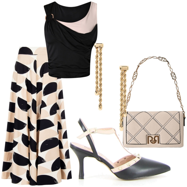 Outfit donna - Cena fuori. Stile Romantica per Serata fuori. Abbinamento con borse a tracolla, gonne longuette, top, orecchini, sandali in pelle.