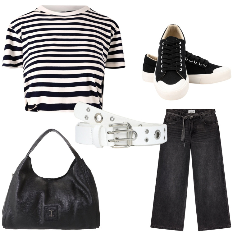 Outfit donna - Coastal look. Stile Casual per Tutti i giorni. Abbinamento con jeans, cinture, t-shirt, pochette, sneakers.