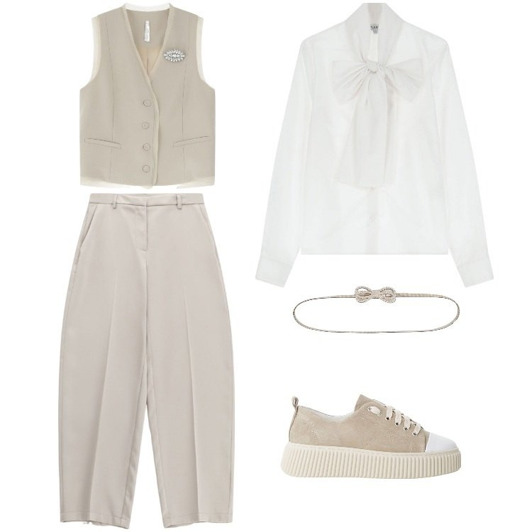 Outfit donna - Total look #2222306. Stile Sporty chic per Cerimonia. Abbinamento con cinture, camicie, sneakers, gilet, pantaloni.