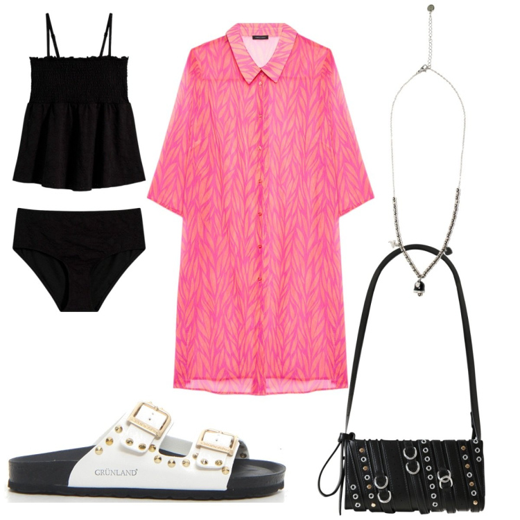Outfit donna - Serata trendy in riva al mare. Stile Trendy per Mare. Abbinamento con costumi interi, borse a spalla, ciondoli, caftani, ciabatte.