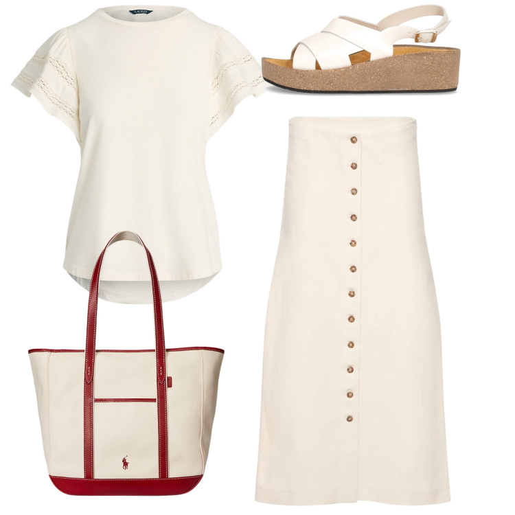 Outfit donna - Bianco estate. Stile Bon Ton per Ufficio. Abbinamento con borse tote, t-shirt, sandali, gonne longuette.