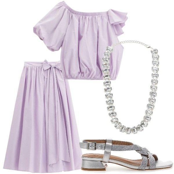 Outfit donna - Compleanno in villa. Stile Casual chic per Serata fuori. Abbinamento con collane, top, gonne lunghe, sandali col tacco.