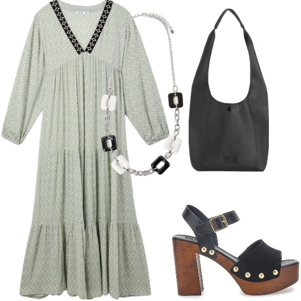 Outfit donna - Di sera ad Agosto. Stile Casual per Tutti i giorni. Abbinamento con vestiti lunghi, borse a spalla, sandali col tacco, collane.