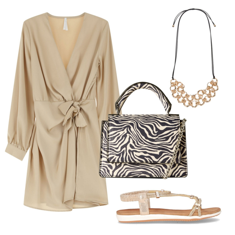 Outfit donna - Sandalo flat per ogni occasione. Stile Chic per Serata fuori. Abbinamento con borse a tracolla, vestiti corti, sandali in pelle, collane.
