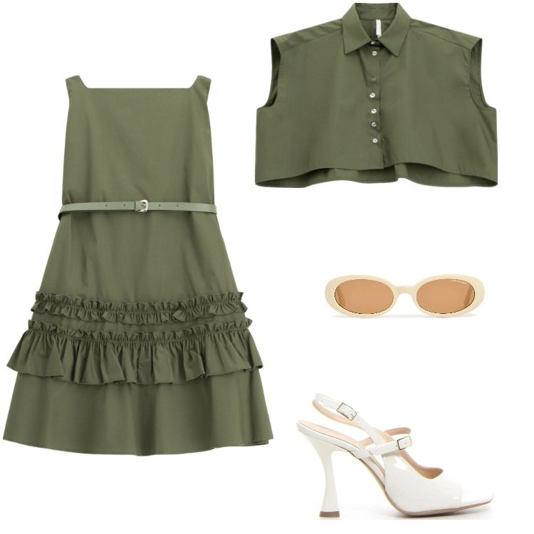 Outfit donna - Total look #2222345. Stile Trendy per Serata fuori. Abbinamento con vestiti corti, camicie, occhiali da sole, sandali col tacco.