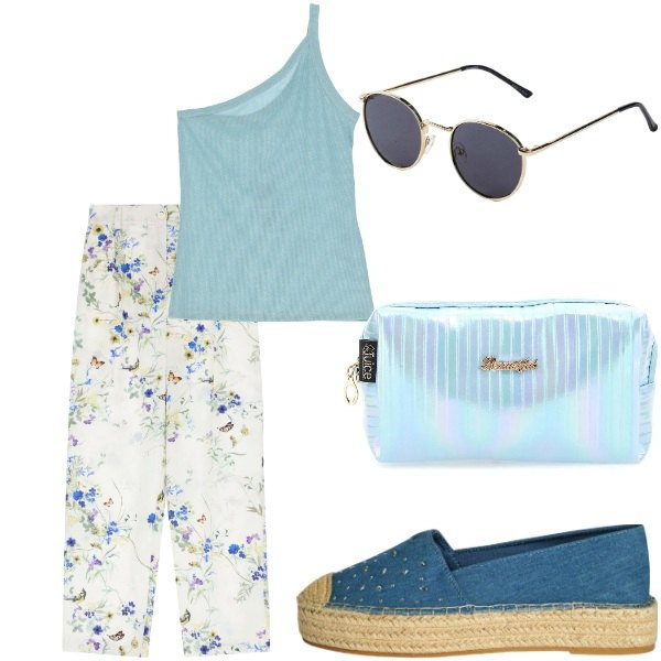 Outfit donna - E siamo in Agosto....... Stile Casual per Tutti i giorni. Abbinamento con occhiali da sole, espadrillas, pantaloni, top, valigie.