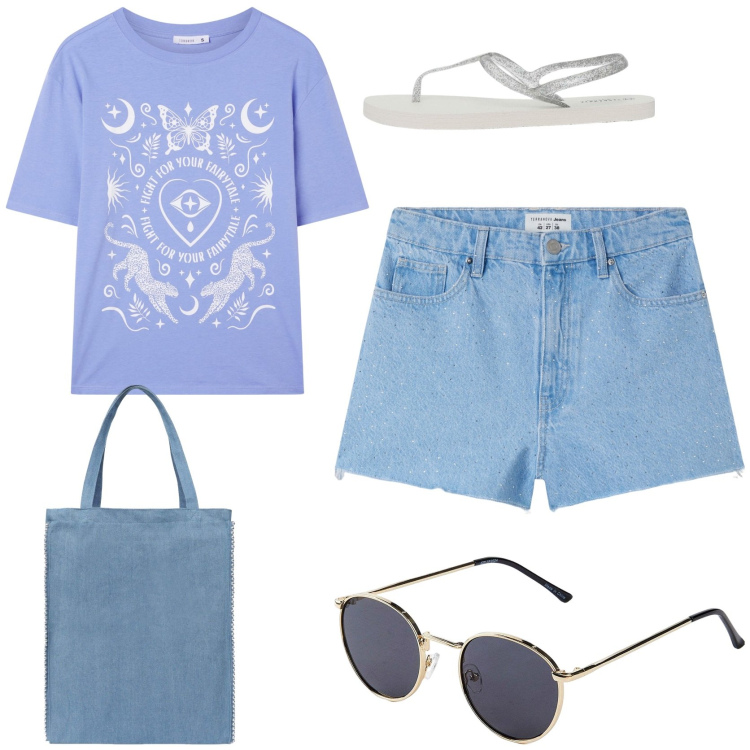 Outfit donna - Young. Stile Casual per Tutti i giorni. Abbinamento con occhiali da sole, t-shirt, shorts, borse tote, sandali.