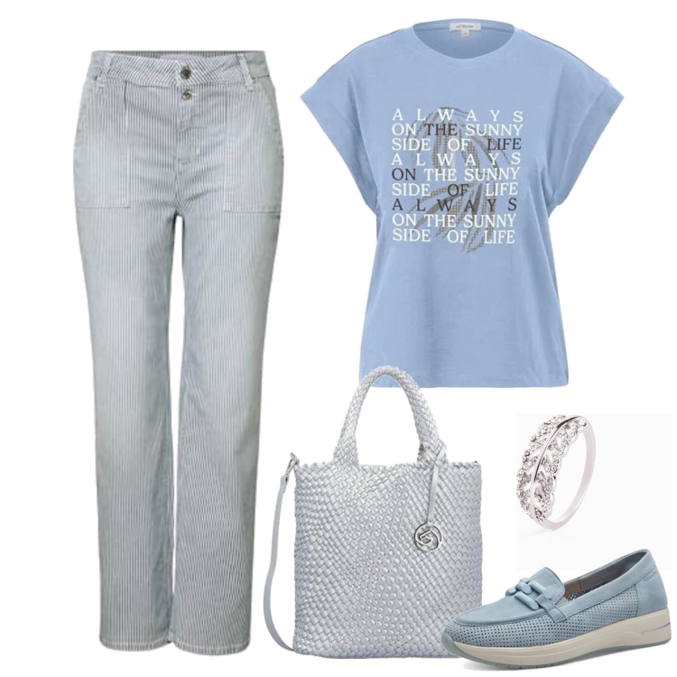 Outfit femme - Lucia. Style Basique pour Tous les jours. Assortir avec t-shirts, mocassins, sacs à main, jean coupe droite, t-shirts.