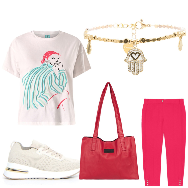 Outfit donna - Woman. Stile Sporty chic per Tutti i giorni. Abbinamento con t-shirt, shopping bag, braccialetti, pantaloni chino, sneakers.