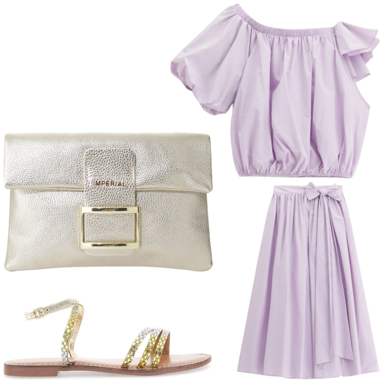 Outfit donna - Oro e lilla. Stile Chic per Serata fuori. Abbinamento con top, gonne lunghe, pochette, sandali.