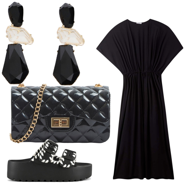 Outfit donna - Serata in nero. Stile Chic per Serata fuori. Abbinamento con caftani, borse a tracolla, orecchini, ciabatte.