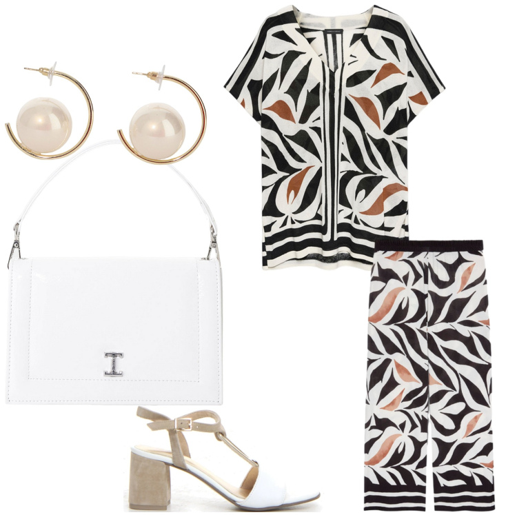 Outfit donna - Foglie e perle. Stile Bon Ton per Tutti i giorni. Abbinamento con borse a tracolla, orecchini, bluse, pantaloni, sandali col tacco.