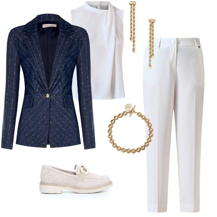 Outfit donna - Total look #2222384. Stile Casual chic per Serata fuori. Abbinamento con top, pantaloni, blazer, braccialetti, orecchini, mocassini.