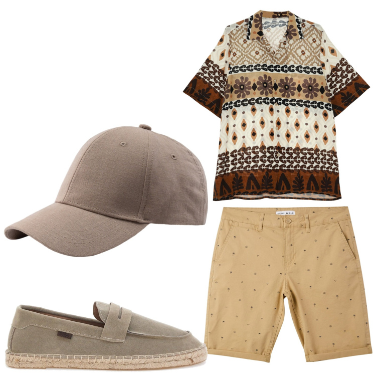 Outfit uomo - Mandala. Stile Casual per Tutti i giorni. Abbinamento con pantaloni corti, camicie a manica corta, espadrillas, cappelli con visiera.