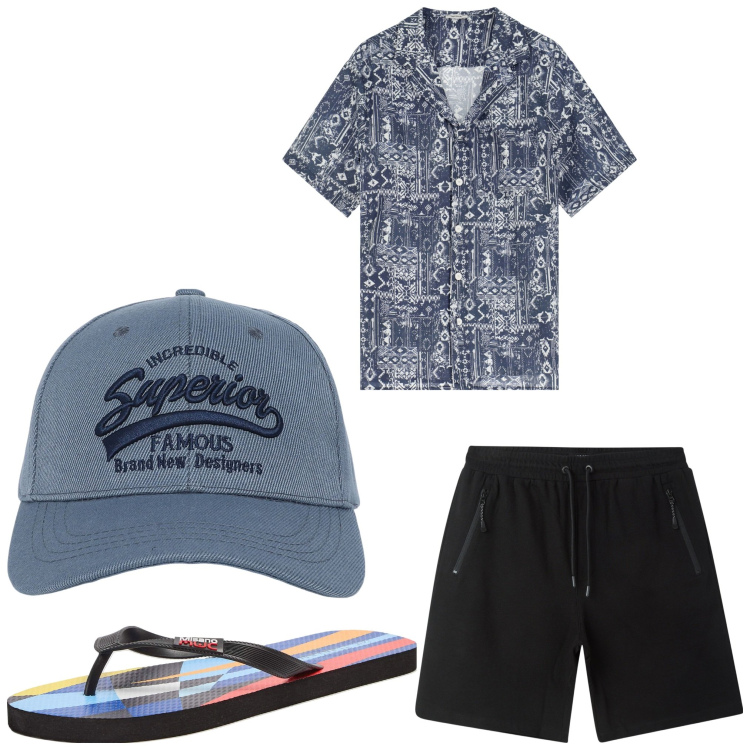 Outfit uomo - Beach. Stile Casual per Tutti i giorni. Abbinamento con sandali, cappelli con visiera, bermuda, camicie a manica corta.