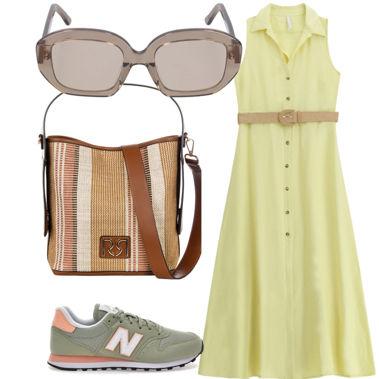 Outfit donna - Fresco centro città. Stile Sporty chic per Tutti i giorni. Abbinamento con borse a secchiello, vestiti senza maniche, sneakers, occhiali da sole.