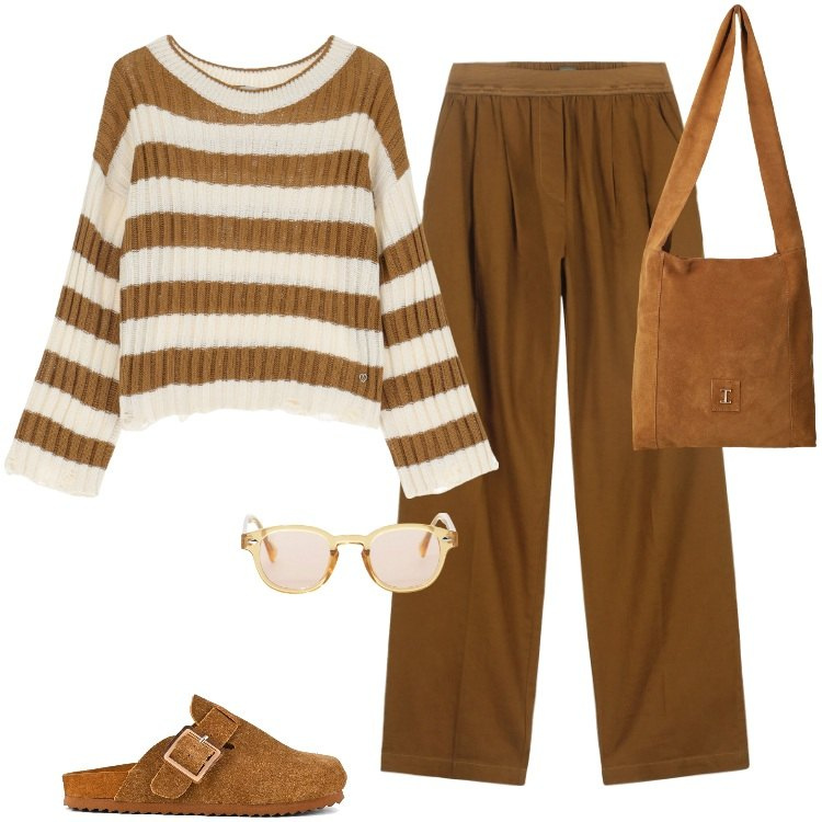 Outfit donna - Total look #2222402. Stile Basic per Mare. Abbinamento con maglieria, occhiali da sole, borse a tracolla, sabot, pantaloni.
