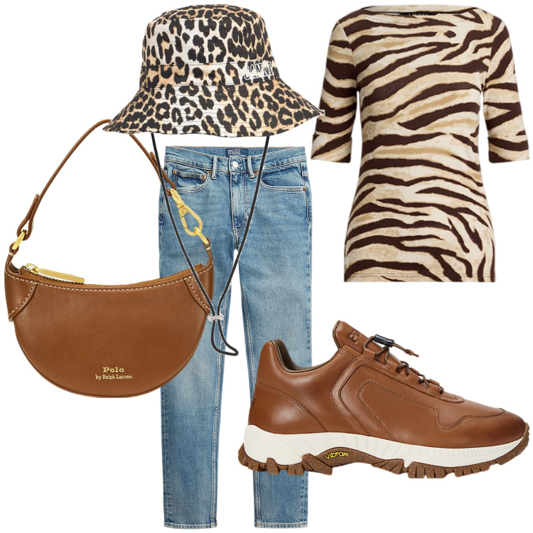 Outfit donna - Zebrato leopardato. Stile Casual chic per Tutti i giorni. Abbinamento con jeans slim fit, sneakers, borse a tracolla, t-shirt, cappelli.