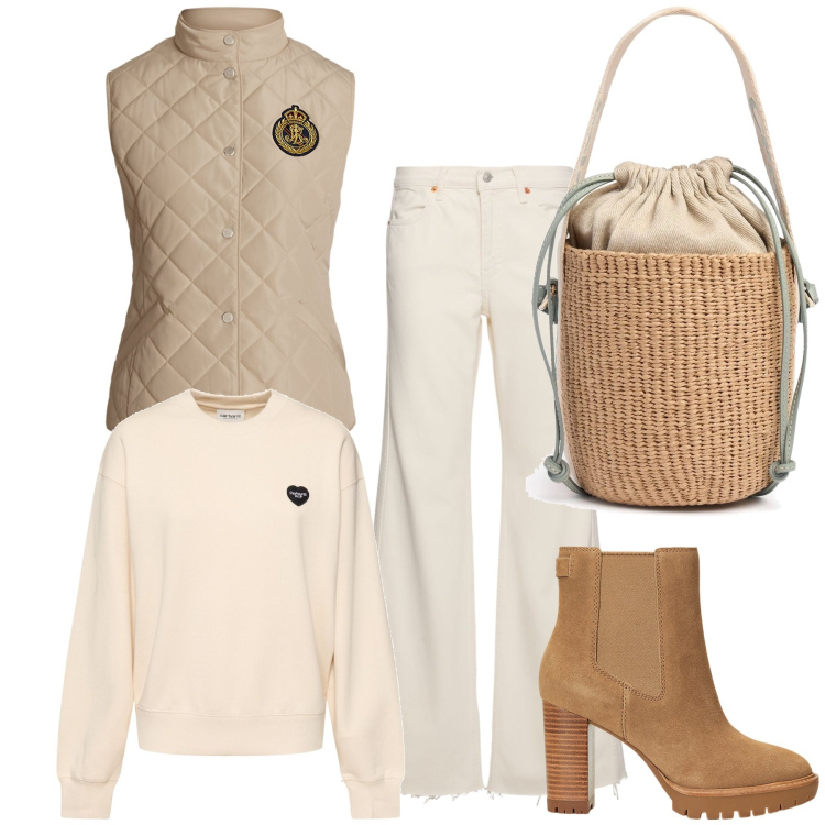 Outfit donna - Borsa da mare sui monti. Stile Casual chic per Tutti i giorni. Abbinamento con stivaletti chelsea, piumini, borse a secchiello, jeans, felpe.