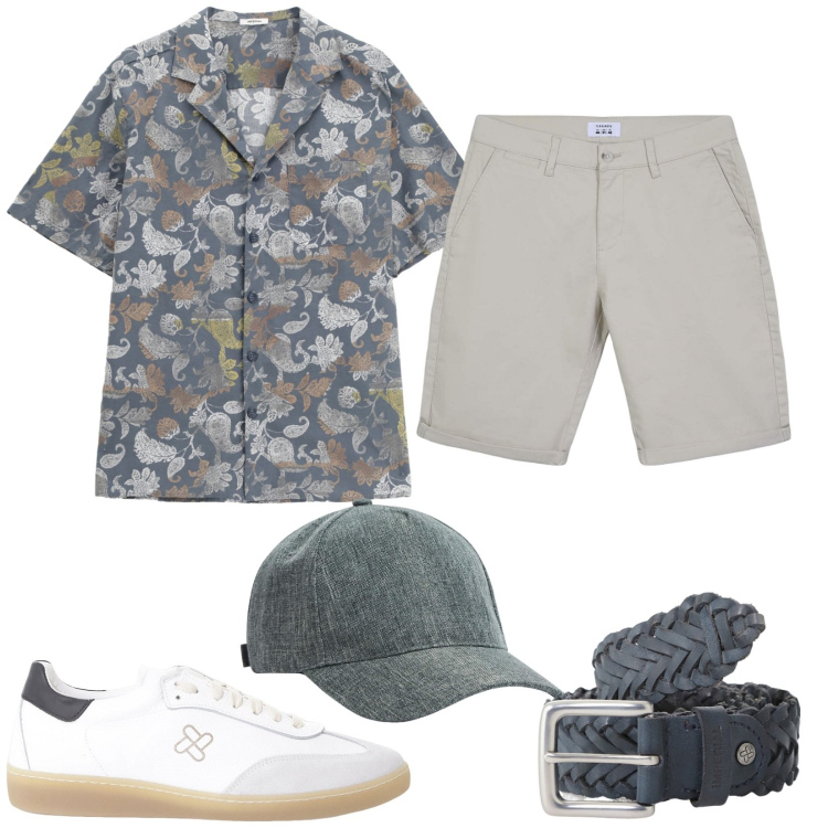 Outfit uomo - Camicia hawaiana. Stile Trendy per Tutti i giorni. Abbinamento con cappelli, bermuda, cinture, sneakers, camicie a manica corta.