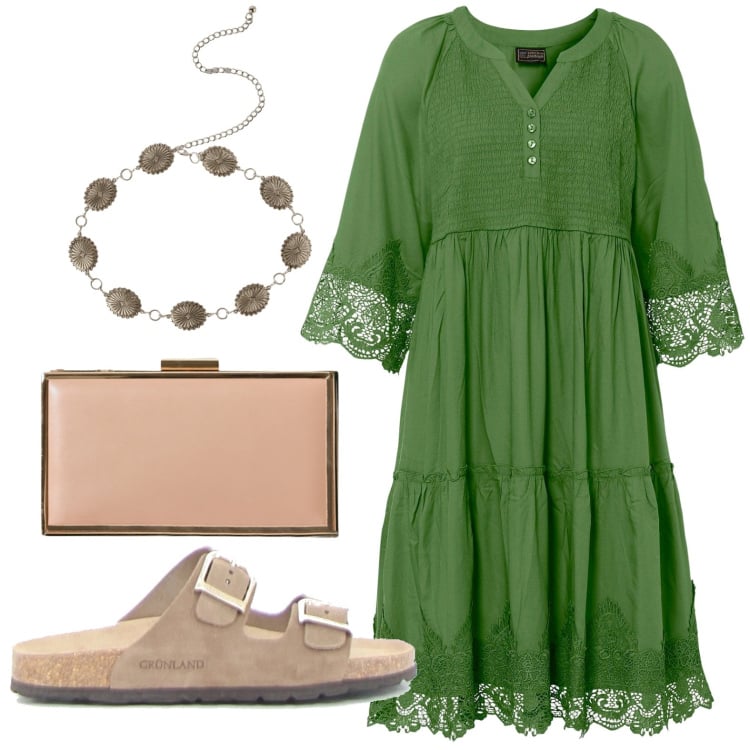 Outfit donna - Caftano elegante per le sere d’agosto. Stile Glamour per Mare. Abbinamento con vestiti chemisier, cinture, pochette, ciabatte.