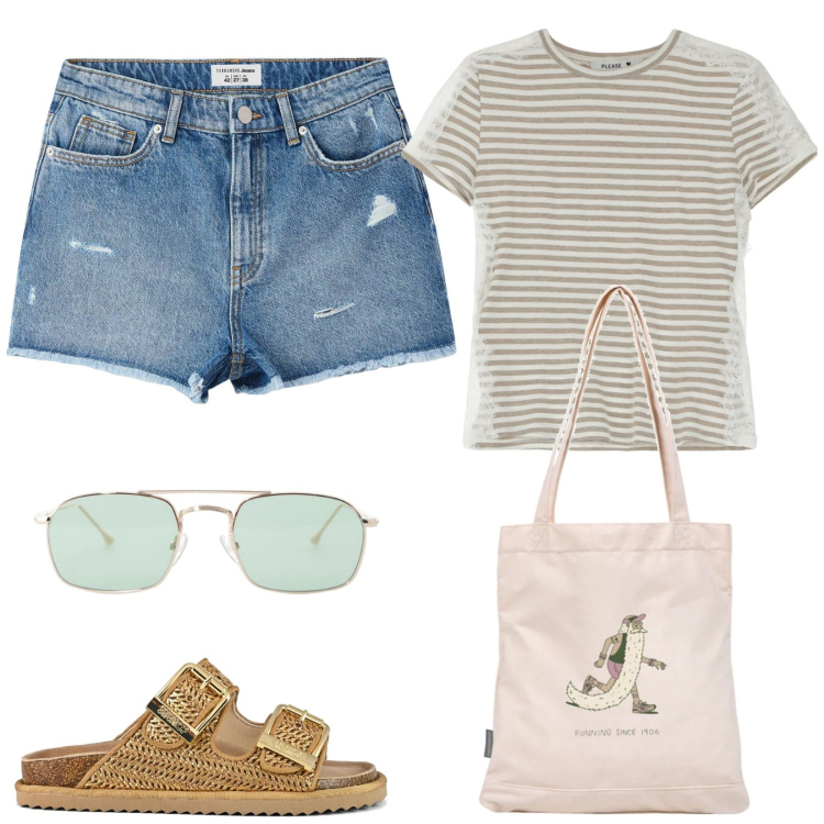 Outfit donna - Sandali estivi. Stile Basic per Tutti i giorni. Abbinamento con shorts, shopping bag, t-shirt, occhiali da sole, sandali.