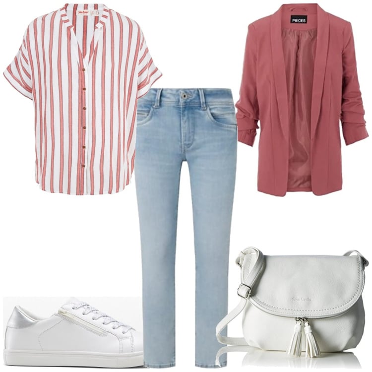 Outfit femme - Rose tendre. Style Urban pour Bureau. Assortir avec chemises à manches courtes, sneakers, blazers, jean coupe droite, sacs besace.
