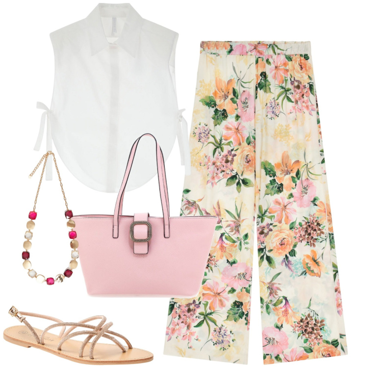 Outfit donna - Agosto. Stile Urban per Tutti i giorni. Abbinamento con sandali, pantaloni a palazzo, camicie, collane, borse a spalla.