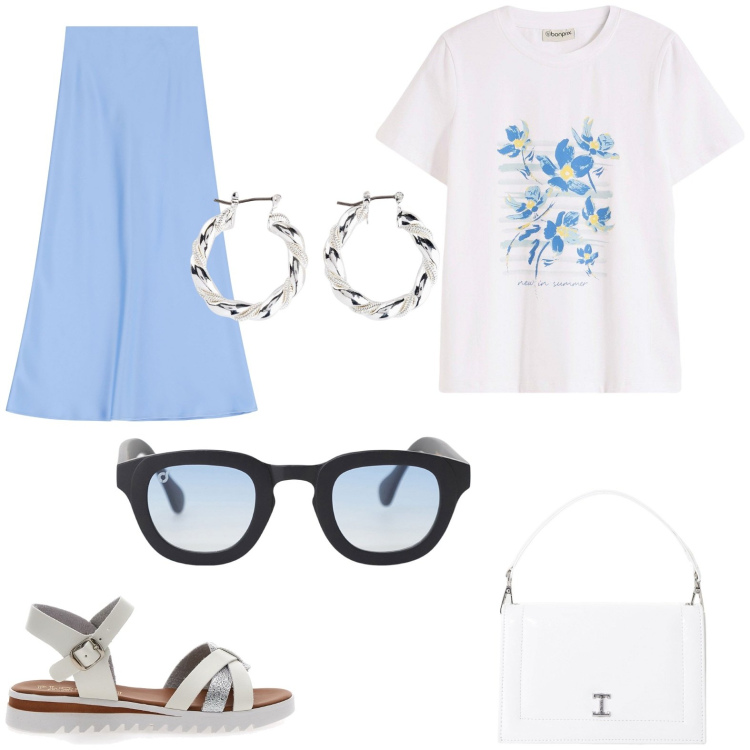Outfit donna - Per un pinnik. Stile Basic per Tutti i giorni. Abbinamento con orecchini, t-shirt, gonne lunghe, borse a tracolla, occhiali da sole, sandali.
