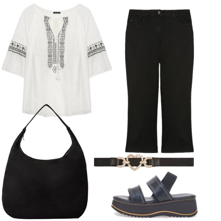 Outfit donna - Denim e blusa per il giorno. Stile Casual per Tutti i giorni. Abbinamento con borse a mano, cinture, bluse, jeans, sandali in pelle.