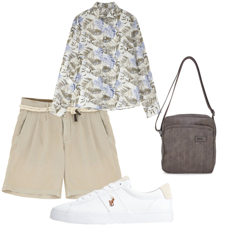 Outfit uomo - Cena sul mare. Stile Casual per Serata speciale. Abbinamento con bermuda, camicie, sneakers, portafogli.