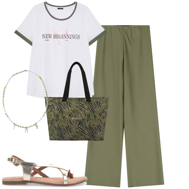 Outfit donna - City. Stile Urban per Tutti i giorni. Abbinamento con collane, pantaloni, shopping bag, t-shirt, sandali in pelle.