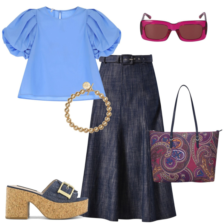 Outfit donna - Total look #2222441. Stile Vintage retrò per Tutti i giorni. Abbinamento con gonne longuette, bluse, braccialetti, borse tote, sandali, occhiali da sole.