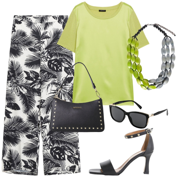 Outfit donna - City. Stile Urban per Tutti i giorni. Abbinamento con occhiali da sole, sandali col tacco, pantaloni, borse a spalla, collane, t-shirt.