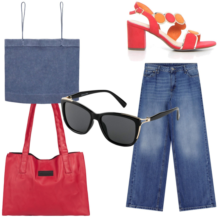 Outfit donna - Jeans coordinato. Stile Casual chic per Tutti i giorni. Abbinamento con occhiali da sole, top, jeans, shopping bag, sandali col tacco.